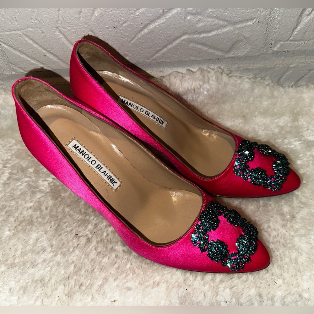 Manolo Blahnik Hangisi 105mm Embellished Pink Satin Pump Size 37 - Picture 4 of 12